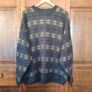 Vintage Towncraft Brown Blue Plaid Cosby Grandpa Style Knit Sweater Size XXL